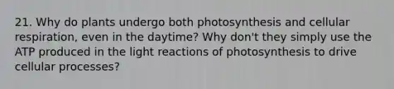 21. Why do plants undergo both photosynthesis and cellular respiration, even in the daytime? Why don't they simply use the ATP produced in the light reactions of photosynthesis to drive cellular processes?