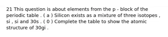 21 This question is about elements from the p - block of the periodic table . ( a ) Silicon exists as a mixture of three isotopes , si , si and 30s . ( 0 ) Complete the table to show the atomic structure of 30gi .