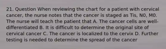 21. Question When reviewing the chart for a patient with cervical cancer, the nurse notes that the cancer is staged as Tis, N0, M0. The nurse will teach the patient that A. The cancer cells are well-differentiated B. It is difficult to determine the original site of cervical cancer C. The cancer is localized to the cervix D. Further testing is needed to determine the spread of the cancer