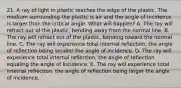 21. A ray of light in plastic reaches the edge of the plastic. The medium surrounding the plastic is air and the angle of incidence is larger than the critical angle. What will happen? A. The ray will refract out of the plastic, bending away from the normal line. B. The ray will refract out of the plastic, bending toward the normal line. C. The ray will experience total internal reflection, the angle of reflection being smaller the angle of incidence. D. The ray will experience total internal reflection, the angle of reflection equaling the angle of incidence. E. The ray will experience total internal reflection, the angle of reflection being larger the angle of incidence.