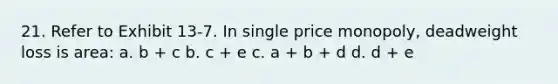 21. Refer to Exhibit 13-7. In single price monopoly, deadweight loss is area: a. b + c b. c + e c. a + b + d d. d + e