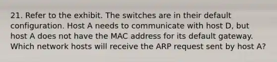 21. Refer to the exhibit. The switches are in their default configuration. Host A needs to communicate with host D, but host A does not have the MAC address for its default gateway. Which network hosts will receive the ARP request sent by host A?