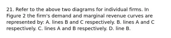 21. Refer to the above two diagrams for individual firms. In Figure 2 the firm's demand and marginal revenue curves are represented by: A. lines B and C respectively. B. lines A and C respectively. C. lines A and B respectively. D. line B.