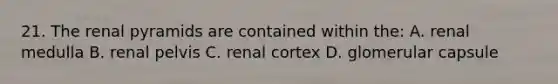 21. The renal pyramids are contained within the: A. renal medulla B. renal pelvis C. renal cortex D. glomerular capsule