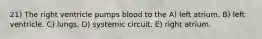 21) The right ventricle pumps blood to the A) left atrium. B) left ventricle. C) lungs. D) systemic circuit. E) right atrium.