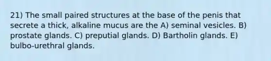 21) The small paired structures at the base of the penis that secrete a thick, alkaline mucus are the A) seminal vesicles. B) prostate glands. C) preputial glands. D) Bartholin glands. E) bulbo-urethral glands.