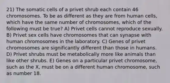 21) The somatic cells of a privet shrub each contain 46 chromosomes. To be as different as they are from human cells, which have the same number of chromosomes, which of the following must be true? A) Privet cells cannot reproduce sexually. B) Privet sex cells have chromosomes that can synapse with human chromosomes in the laboratory. C) Genes of privet chromosomes are significantly different than those in humans. D) Privet shrubs must be metabolically more like animals than like other shrubs. E) Genes on a particular privet chromosome, such as the X, must be on a different human chromosome, such as number 18.