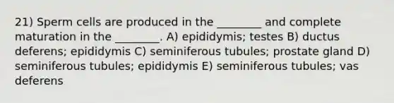 21) Sperm cells are produced in the ________ and complete maturation in the ________. A) epididymis; testes B) ductus deferens; epididymis C) seminiferous tubules; prostate gland D) seminiferous tubules; epididymis E) seminiferous tubules; vas deferens