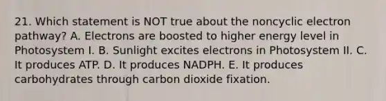 21. Which statement is NOT true about the noncyclic electron pathway? A. Electrons are boosted to higher energy level in Photosystem I. B. Sunlight excites electrons in Photosystem II. C. It produces ATP. D. It produces NADPH. E. It produces carbohydrates through carbon dioxide fixation.