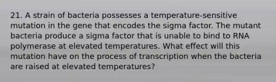 21. A strain of bacteria possesses a temperature-sensitive mutation in the gene that encodes the sigma factor. The mutant bacteria produce a sigma factor that is unable to bind to RNA polymerase at elevated temperatures. What effect will this mutation have on the process of transcription when the bacteria are raised at elevated temperatures?