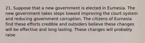 21. Suppose that a new government is elected in Eurnesia. The new government takes steps toward improving the court system and reducing government corruption. The citizens of Eurnesia find these efforts credible and outsiders believe these changes will be effective and long lasting. These changes will probably raise