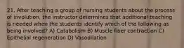 21. After teaching a group of nursing students about the process of involution, the instructor determines that additional teaching is needed when the students identify which of the following as being involved? A) Catabolism B) Muscle fiber contraction C) Epithelial regeneration D) Vasodilation