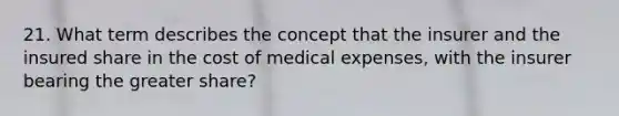 21. What term describes the concept that the insurer and the insured share in the cost of medical expenses, with the insurer bearing the greater share?