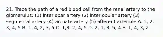 21. Trace the path of a red blood cell from the renal artery to the glomerulus: (1) interlobar artery (2) interlobular artery (3) segmental artery (4) arcuate artery (5) afferent arteriole A. 1, 2, 3, 4, 5 B. 1, 4, 2, 3, 5 C. 1,3, 2, 4, 5 D. 2, 1, 3, 5, 4 E. 1, 4, 3, 2