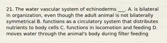 21. The water vascular system of echinoderms ___. A. is bilateral in organization, even though the adult animal is not bilaterally symmetrical B. functions as a circulatory system that distributes nutrients to body cells C. functions in locomotion and feeding D. moves water through the animal's body during filter feeding