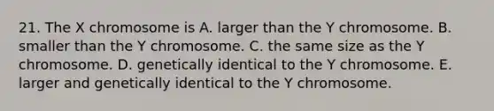 21. The X chromosome is A. larger than the Y chromosome. B. smaller than the Y chromosome. C. the same size as the Y chromosome. D. genetically identical to the Y chromosome. E. larger and genetically identical to the Y chromosome.