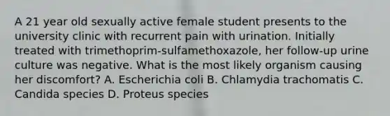 A 21 year old sexually active female student presents to the university clinic with recurrent pain with urination. Initially treated with trimethoprim-sulfamethoxazole, her follow-up urine culture was negative. What is the most likely organism causing her discomfort? A. Escherichia coli B. Chlamydia trachomatis C. Candida species D. Proteus species