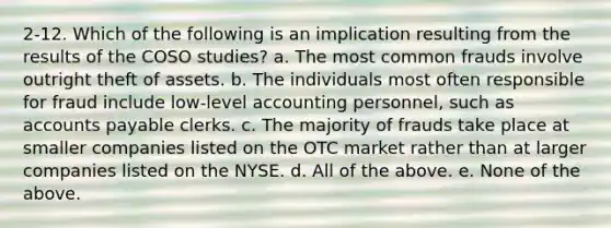 2-12. Which of the following is an implication resulting from the results of the COSO studies? a. The most common frauds involve outright theft of assets. b. The individuals most often responsible for fraud include low-level accounting personnel, such as accounts payable clerks. c. The majority of frauds take place at smaller companies listed on the OTC market rather than at larger companies listed on the NYSE. d. All of the above. e. None of the above.