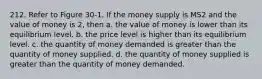 212. Refer to Figure 30-1. If the money supply is MS2 and the value of money is 2, then a. the value of money is lower than its equilibrium level. b. the price level is higher than its equilibrium level. c. the quantity of money demanded is greater than the quantity of money supplied. d. the quantity of money supplied is greater than the quantity of money demanded.