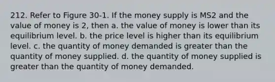 212. Refer to Figure 30-1. If the money supply is MS2 and the value of money is 2, then a. the value of money is lower than its equilibrium level. b. the price level is higher than its equilibrium level. c. the quantity of money demanded is greater than the quantity of money supplied. d. the quantity of money supplied is greater than the quantity of money demanded.