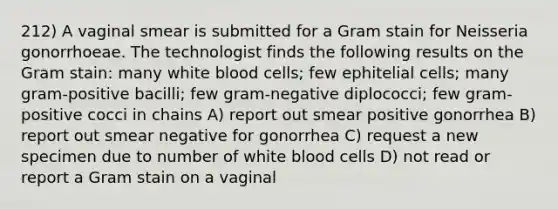 212) A vaginal smear is submitted for a Gram stain for Neisseria gonorrhoeae. The technologist finds the following results on the Gram stain: many white blood cells; few ephitelial cells; many gram-positive bacilli; few gram-negative diplococci; few gram-positive cocci in chains A) report out smear positive gonorrhea B) report out smear negative for gonorrhea C) request a new specimen due to number of white blood cells D) not read or report a Gram stain on a vaginal