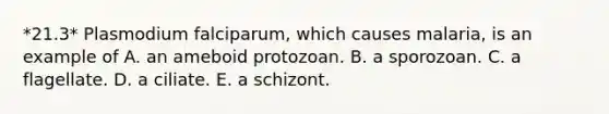 *21.3* Plasmodium falciparum, which causes malaria, is an example of A. an ameboid protozoan. B. a sporozoan. C. a flagellate. D. a ciliate. E. a schizont.