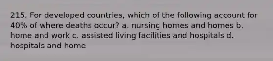 215. For developed countries, which of the following account for 40% of where deaths occur? a. nursing homes and homes b. home and work c. assisted living facilities and hospitals d. hospitals and home