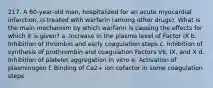 217. A 60-year-old man, hospitalized for an acute myocardial infarction, is treated with warfarin (among other drugs). What is the main mechanism by which warfarin is causing the effects for which it is given? a. Increase in the plasma level of Factor IX b. Inhibition of thrombin and early coagulation steps c. Inhibition of synthesis of prothrombin and coagulation Factors VII, IX, and X d. Inhibition of platelet aggregation in vitro e. Activation of plasminogen f. Binding of Ca2+ ion cofactor in some coagulation steps