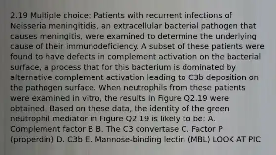 2.19 Multiple choice: Patients with recurrent infections of Neisseria meningitidis, an extracellular bacterial pathogen that causes meningitis, were examined to determine the underlying cause of their immunodeficiency. A subset of these patients were found to have defects in complement activation on the bacterial surface, a process that for this bacterium is dominated by alternative complement activation leading to C3b deposition on the pathogen surface. When neutrophils from these patients were examined in vitro, the results in Figure Q2.19 were obtained. Based on these data, the identity of the green neutrophil mediator in Figure Q2.19 is likely to be: A. Complement factor B B. The C3 convertase C. Factor P (properdin) D. C3b E. Mannose-binding lectin (MBL) LOOK AT PIC