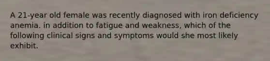 A 21-year old female was recently diagnosed with iron deficiency anemia. in addition to fatigue and weakness, which of the following clinical signs and symptoms would she most likely exhibit.