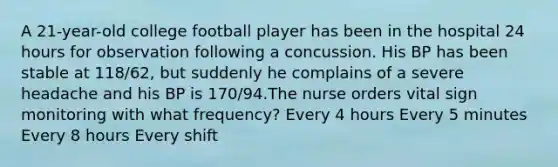 A 21-year-old college football player has been in the hospital 24 hours for observation following a concussion. His BP has been stable at 118/62, but suddenly he complains of a severe headache and his BP is 170/94.The nurse orders vital sign monitoring with what frequency? Every 4 hours Every 5 minutes Every 8 hours Every shift