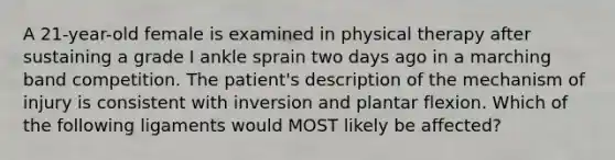 A 21-year-old female is examined in physical therapy after sustaining a grade I ankle sprain two days ago in a marching band competition. The patient's description of the mechanism of injury is consistent with inversion and plantar flexion. Which of the following ligaments would MOST likely be affected?