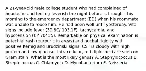 A 21-year-old male college student who had complained of headache and feeling feverish the night before is brought this morning to the emergency department (ED) when his roommate was unable to rouse him. He had been well until yesterday. Vital signs include fever (39.8C/ 103.1F), tachycardia, and hypotension (BP 70/ 55). Remarkable on physical examination is petechial rash (purpuric in areas) and nuchal rigidity with positive Kernig and Brudzinski signs. CSF is cloudy with high protein and low glucose. Intracellular, red diplococci are seen on Gram stain. What is the most likely genus? A. Staphylococcus B. Streptococcus C. Chlamydia D. Mycobacterium E. Neisseria