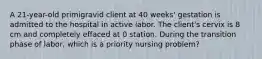 A 21-year-old primigravid client at 40 weeks' gestation is admitted to the hospital in active labor. The client's cervix is 8 cm and completely effaced at 0 station. During the transition phase of labor, which is a priority nursing problem?