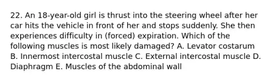 22. An 18-year-old girl is thrust into the steering wheel after her car hits the vehicle in front of her and stops suddenly. She then experiences difficulty in (forced) expiration. Which of the following muscles is most likely damaged? A. Levator costarum B. Innermost intercostal muscle C. External intercostal muscle D. Diaphragm E. Muscles of the abdominal wall