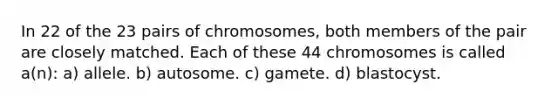 In 22 of the 23 pairs of chromosomes, both members of the pair are closely matched. Each of these 44 chromosomes is called a(n): a) allele. b) autosome. c) gamete. d) blastocyst.