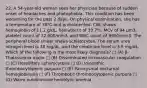 22. A 54-year-old woman sees her physician because of sudden onset of headaches and photophobia. This condition has been worsening for the past 2 days. On physical examination, she has a temperature of 38°C and is disoriented. CBC shows hemoglobin of 11.2 g/dL, hematocrit of 33.7%, MCV of 94 μm3, platelet count of 32,000/mm3, and WBC count of 9900/mm3. The peripheral blood smear shows schistocytes. The serum urea nitrogen level is 38 mg/dL, and the creatinine level is 3.9 mg/dL. Which of the following is the most likely diagnosis? □ (A) β-Thalassemia major □ (B) Disseminated intravascular coagulation □ (C) Hereditary spherocytosis □ (D) Idiopathic thrombocytopenic purpura □ (E) Paroxysmal nocturnal hemoglobinuria □ (F) Thrombotic thrombocytopenic purpura □ (G) Warm autoimmune hemolytic anemia