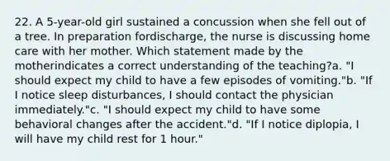 22. A 5-year-old girl sustained a concussion when she fell out of a tree. In preparation fordischarge, the nurse is discussing home care with her mother. Which statement made by the motherindicates a correct understanding of the teaching?a. "I should expect my child to have a few episodes of vomiting."b. "If I notice sleep disturbances, I should contact the physician immediately."c. "I should expect my child to have some behavioral changes after the accident."d. "If I notice diplopia, I will have my child rest for 1 hour."