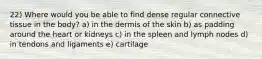 22) Where would you be able to find dense regular connective tissue in the body? a) in the dermis of the skin b) as padding around the heart or kidneys c) in the spleen and lymph nodes d) in tendons and ligaments e) cartilage