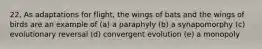 22. As adaptations for flight, the wings of bats and the wings of birds are an example of (a) a paraphyly (b) a synapomorphy (c) evolutionary reversal (d) convergent evolution (e) a monopoly