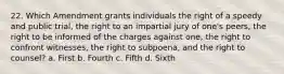 22. Which Amendment grants individuals the right of a speedy and public trial, the right to an impartial jury of one's peers, the right to be informed of the charges against one, the right to confront witnesses, the right to subpoena, and the right to counsel? a. First b. Fourth c. Fifth d. Sixth