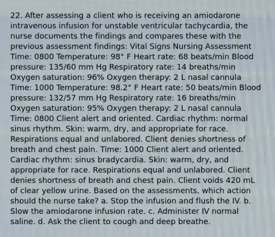 22. After assessing a client who is receiving an amiodarone intravenous infusion for unstable ventricular tachycardia, the nurse documents the findings and compares these with the previous assessment findings: Vital Signs Nursing Assessment Time: 0800 Temperature: 98° F Heart rate: 68 beats/min Blood pressure: 135/60 mm Hg Respiratory rate: 14 breaths/min Oxygen saturation: 96% Oxygen therapy: 2 L nasal cannula Time: 1000 Temperature: 98.2° F Heart rate: 50 beats/min Blood pressure: 132/57 mm Hg Respiratory rate: 16 breaths/min Oxygen saturation: 95% Oxygen therapy: 2 L nasal cannula Time: 0800 Client alert and oriented. Cardiac rhythm: normal sinus rhythm. Skin: warm, dry, and appropriate for race. Respirations equal and unlabored. Client denies shortness of breath and chest pain. Time: 1000 Client alert and oriented. Cardiac rhythm: sinus bradycardia. Skin: warm, dry, and appropriate for race. Respirations equal and unlabored. Client denies shortness of breath and chest pain. Client voids 420 mL of clear yellow urine. Based on the assessments, which action should the nurse take? a. Stop the infusion and flush the IV. b. Slow the amiodarone infusion rate. c. Administer IV normal saline. d. Ask the client to cough and deep breathe.