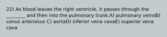 22) As blood leaves the right ventricle, it passes through the ________ and then into the pulmonary trunk.A) pulmonary veinsB) conus arteriosus C) aortaD) inferior vena cavaE) superior vena cava