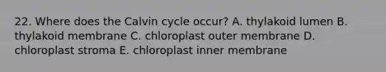 22. Where does the Calvin cycle occur? A. thylakoid lumen B. thylakoid membrane C. chloroplast outer membrane D. chloroplast stroma E. chloroplast inner membrane