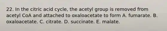 22. In the citric acid cycle, the acetyl group is removed from acetyl CoA and attached to oxaloacetate to form A. fumarate. B. oxaloacetate. C. citrate. D. succinate. E. malate.