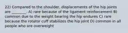 22) Compared to the shoulder, displacements of the hip joints are ________. A) rare because of the ligament reinforcement B) common due to the weight bearing the hip endures C) rare because the rotator cuff stabilizes the hip joint D) common in all people who are overweight