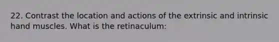 22. Contrast the location and actions of the extrinsic and intrinsic hand muscles. What is the retinaculum: