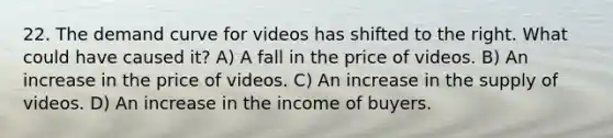 22. The demand curve for videos has shifted to the right. What could have caused it? A) A fall in the price of videos. B) An increase in the price of videos. C) An increase in the supply of videos. D) An increase in the income of buyers.