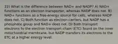 22) What is the difference between NAD+ and NADP? A) NAD+ functions as an electron transporter, whereas NADP does not. B) NAD+ functions as a free-energy source for cells, whereas NADP does not. C) Both function as electron carriers, but NADP has a phosphate group and NAD+ does not. D) Both transport electrons to the electron transport chain (ETC) found on the inner mitochondrial membrane, but NADP transfers its electrons to the ETC at a higher energy level.