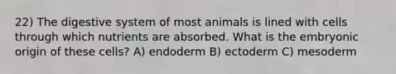 22) The digestive system of most animals is lined with cells through which nutrients are absorbed. What is the embryonic origin of these cells? A) endoderm B) ectoderm C) mesoderm